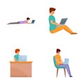 Internet surfing icons set cartoon . Guy spends time at laptop