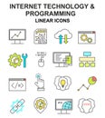 Internet technology and programming colored linear icons set. Royalty Free Stock Photo