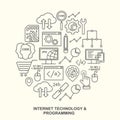 Internet technology and programming round shape pattern with linear icons.