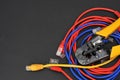 internet or telephone line cables and crimper Royalty Free Stock Photo