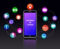 Internet of things concept. IOT web banner. Smartphone with colorful mobile app icons connected by lines isolated, black backgrond Royalty Free Stock Photo