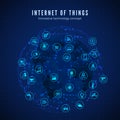 Internet of things. IOT concept. Global network connection. Monitoring and control smart systems icons on global network and map Royalty Free Stock Photo