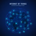 Internet of things. IOT concept. Global network connection. Monitoring and control smart systems icons on global network and map