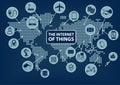 Internet of Things (IoT) word and icons with globe and world map