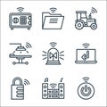 internet of things line icons. linear set. quality vector line set such as button, stereo, padlock, laptop, alarm, surgical, Royalty Free Stock Photo
