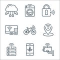 Internet of things line icons. linear set. quality vector line set such as cctv camera, smartphone, database, gps, bicycle, smart Royalty Free Stock Photo