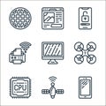 internet of things line icons. linear set. quality vector line set such as cell phone, satellite, cpu, drone, computer, printer, Royalty Free Stock Photo