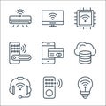 Internet of things line icons. linear set. quality vector line set such as smart bulb, remote control, headset, cloud database,