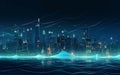 Internet of things, smart city, high speed connection, digital blue wavy wires, skyline building city, digital, generative AI