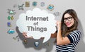 Internet of Things text with woman holding a speech bubble