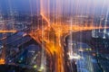 internet of think communication concept. Aerial view Night Expressway, toll way, highway,