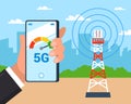 Internet tower distributes 5G Internet. Checking the speed of the Internet on a smartphone.
