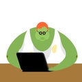 Internet trol. Big green monster and laptop. Vector illustration