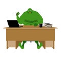 Internet troll. Big green goblin sits at laptop. Org and compute