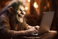internet troll with evil mischievous grin typing on laptop computer Royalty Free Stock Photo