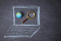 Internet or web search, FAQ, analysis and SEO concept. Drawn laptop, globe and magnifying glass