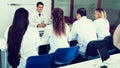 Trainees at a lecture at the university with a teacher Royalty Free Stock Photo