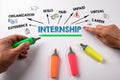 Internship. Experience, Skills, Paid adn Career concept. Colored markers on a white background Royalty Free Stock Photo