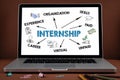 Internship. Experience, Skills, Paid adn Career concept. Laptop on a brown background