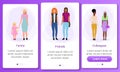 Interpersonal relationship onboarding mobile app screen template. Multicultural and multiracial friends, colleagues, family.