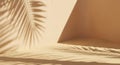 Sunlight casts palm leaf shadows on a sandy surface and a beige wall, creating a tropical ambiance background image Royalty Free Stock Photo