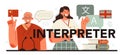 Interprener typographic header. Linguist translating document, books Royalty Free Stock Photo