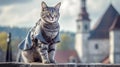 Interpretation of the fabulous puss in boots in medieval clothes, ancient city background. AI generated. Royalty Free Stock Photo
