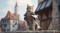 Interpretation of the fabulous puss in boots in medieval clothes, ancient city background. AI generated. Royalty Free Stock Photo