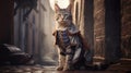 Interpretation of the fabulous puss in boots in medieval clothes, ancient city background. AI generated. Royalty Free Stock Photo