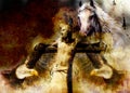 Interpretation of Jesus on the cross and animals, graphic painting version. Sepia effect.