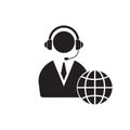 Interpreter line icon. Character in headset with globe. Translation concept. Can be used for topics like global communication,