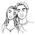 Interracial couple ÃÂ¡aucasian man hugs Asian woman, hand drawn line art sketch Royalty Free Stock Photo