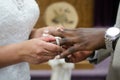 Interracial couple exchanging wedding rings and vows at marriage ceremony Royalty Free Stock Photo