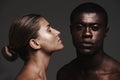 Interracial couple, face or love in skincare, dermatology or beauty as health, support or wellness. Black man, woman or