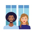 Interracial couple man afro and caucasian woman avatars characters