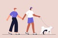 Interracial gay couple in medical face mask walking with their dog. Urban lifestyle after quarantine. New normal. Vector