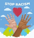 Interracial hands with world planet stop racism campaign