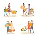 Interracial happy family with trolley and grocery