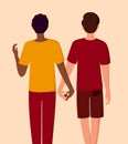 An interracial homosexual couple. Men holding hands. The LGBT community and the concept of love. Vector illustration.