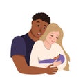 Interracial international family. The husband hugs his wife with the baby in her arms. The multiethnic mom and dad are Royalty Free Stock Photo