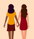 Interracial lesbian couple. Young women holding hands. The LGBT community and the concept of love. Vector illustration.