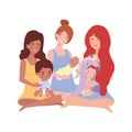 Interracial pregnancy mothers seated lifting little babies characters