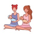 Interracial pregnancy mothers seated lifting little babies characters