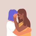 Interracial same-sex couple. Portrait of two adorable young women hugging. Homosexual romantic partners. LGBTQ love