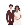 Interracial wedding. Newlywed. Love couple caucasian man and black woman. Marriage ceremony. Happy bride and groom