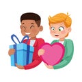 Interracial young fathers with gift and heart characters