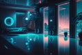 Interrior of an apartment in futuristic neon mega city, there is pool in middle