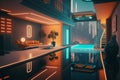 Interrior of an apartment in futuristic neon mega city, there is pool in middle