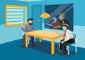 Interrogation room with a table, two chairs, rear window, lamp on top.At the table, a policeman and a criminal. Behind the glass Royalty Free Stock Photo