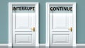 Interrupt and continue as a choice - pictured as words Interrupt, continue on doors to show that Interrupt and continue are